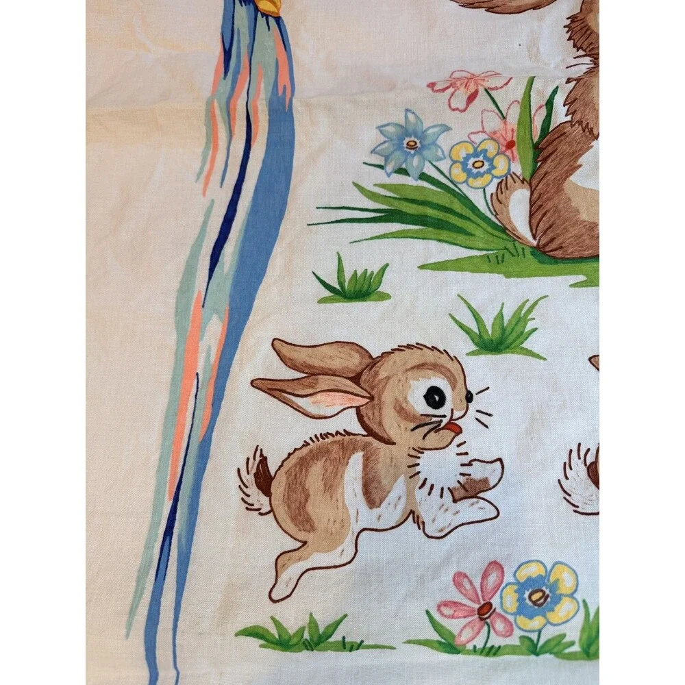 Vintage Style Bunny Rabbit Quilt Top Panel Playing Violin Linen Cotton Blanket